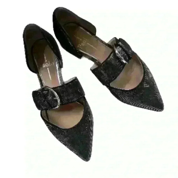 Linea Paola "Dean" Black Leather/Metallic Pointy Toe Slip On Shoes Size 5 M EUC! - Picture 1 of 7
